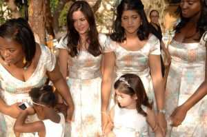 Eki bridesmaids, bridesmaids in Eki silk printed dresses